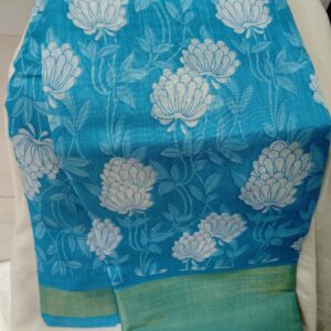 Turquoise Blue Floral Print Semi Cotton Saree