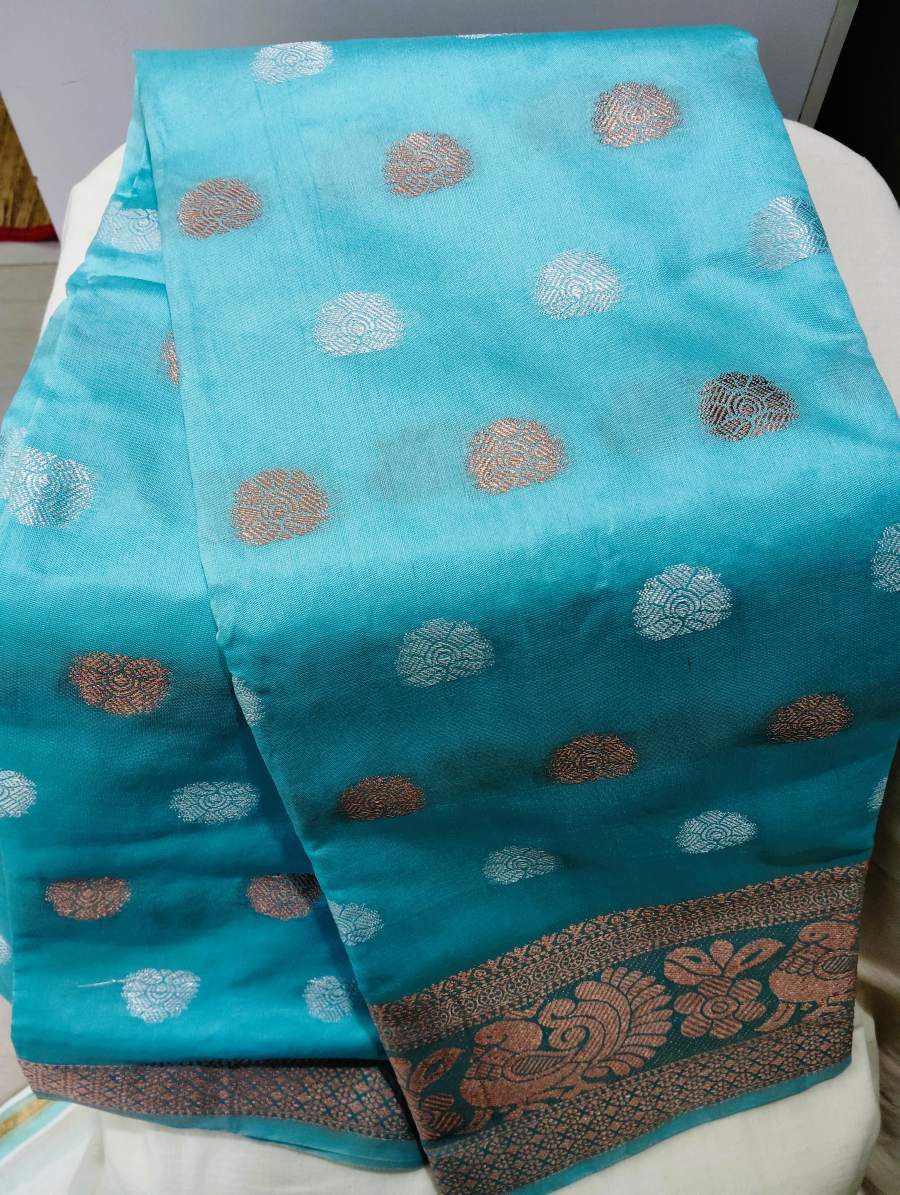 aqua blue (peach blue) cotton silk saree