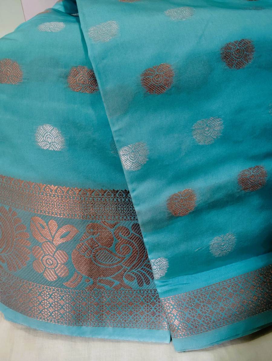 aqua blue (peach blue) cotton silk saree