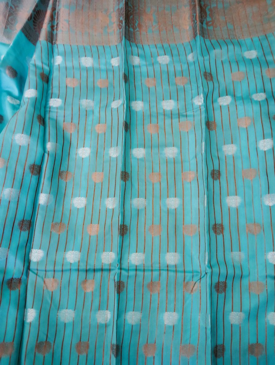 Elegant Aqua Blue (Peach Blue) Cotton Silk Saree | Zari Butta |Peacock Woven Border-029 - Image 3