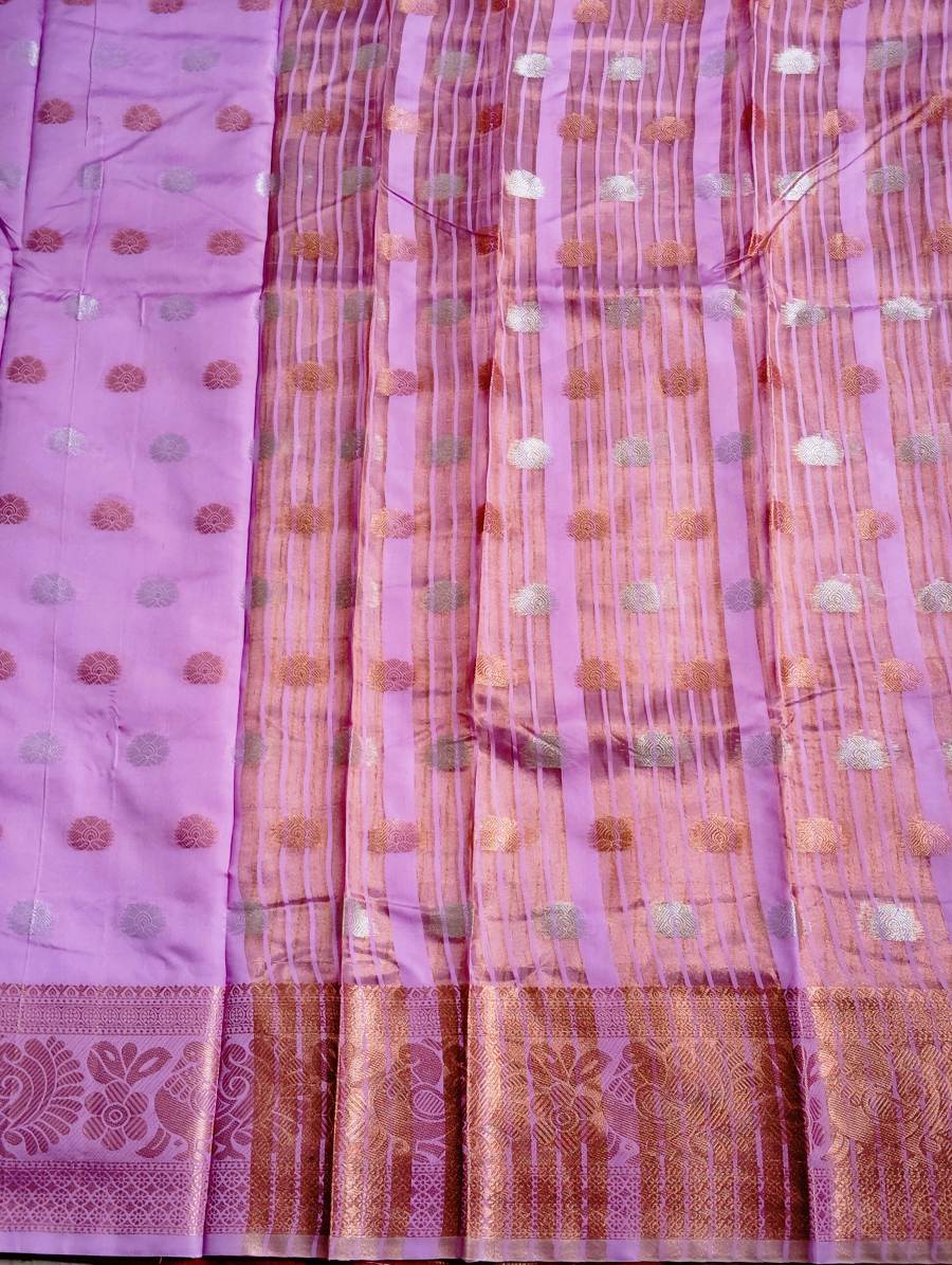 Elegant Lavender (Peach Purple) Cotton Silk Saree | Silver Butta |Woven Peacock Border-027 - Image 4
