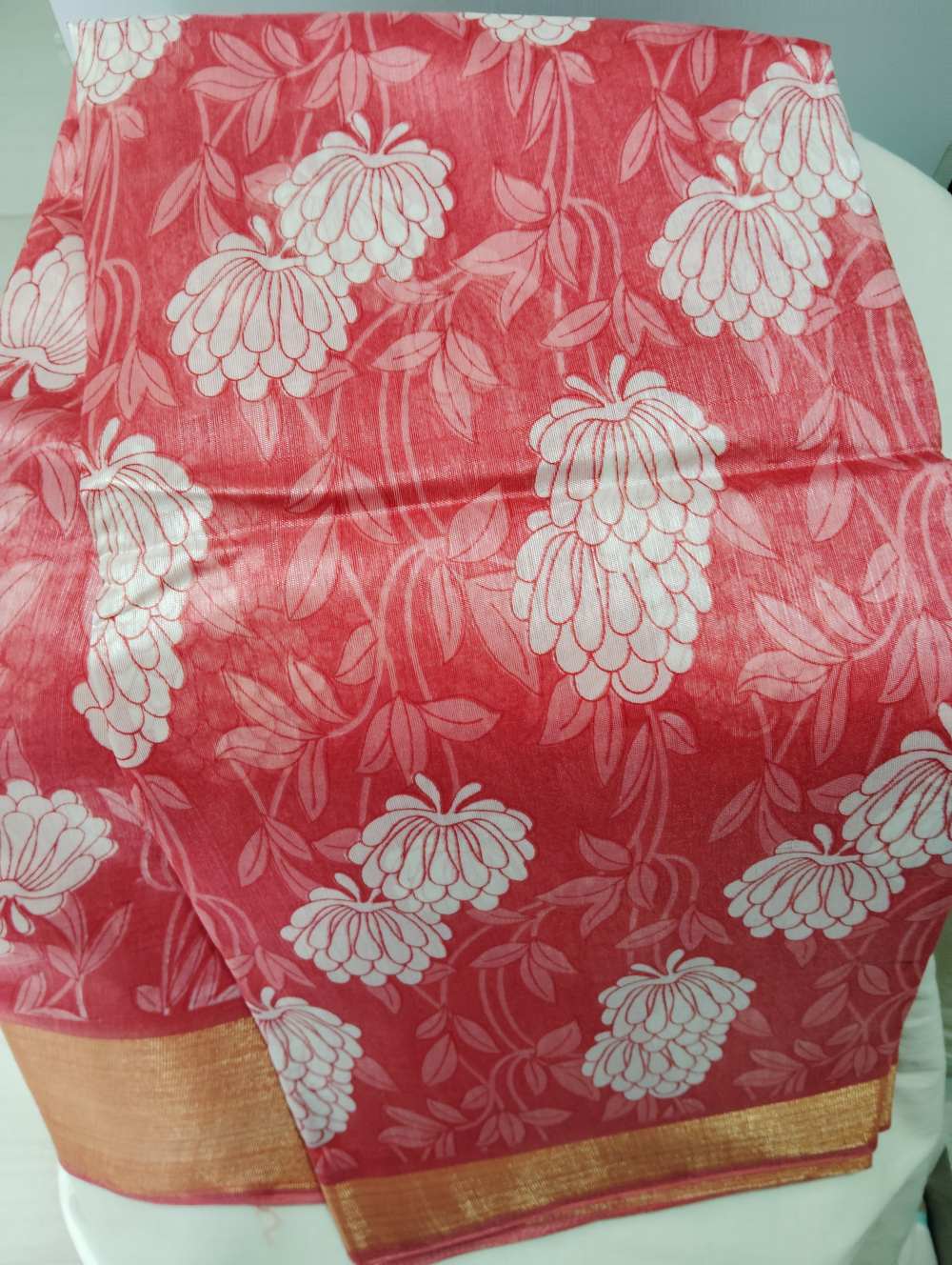 Brick Red Floral Print Semi Cotton Saree