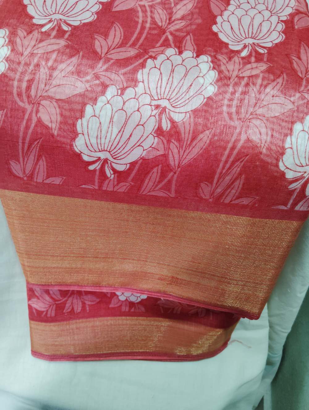 Brick Red Floral Print Semi Cotton Saree