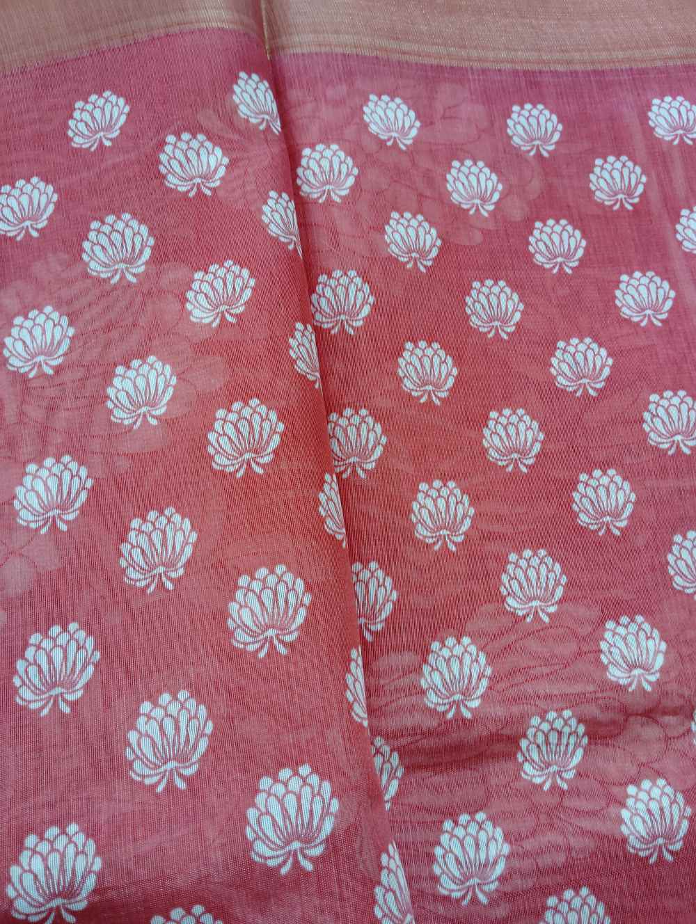 Brick Red Floral Print Semi Cotton Saree