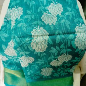 teal green floral print semi cotton saree