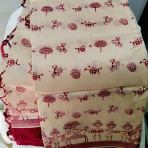 Cream Maroon Tribal Print Cotton Silk Saree