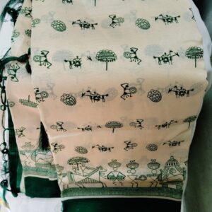 Cream Dark Green Tribal Print Cotton Silk Saree