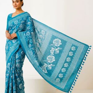 teal-blue cotton silk saree